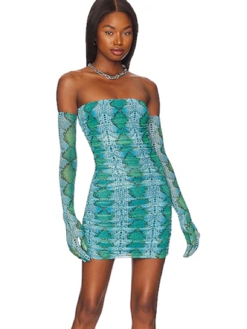 AFRM Danni Dress & Gloves NWT sz S in Teal Snake